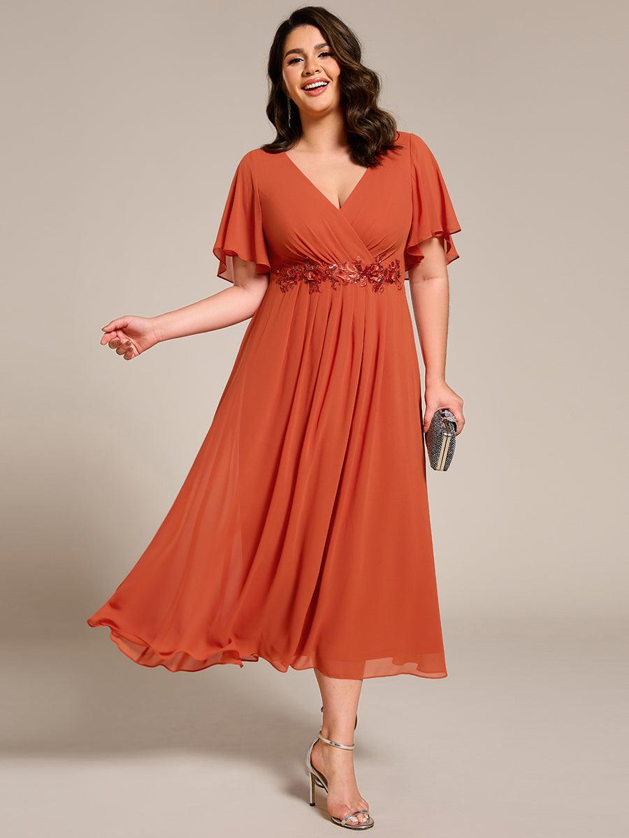 Robe d'invité de mariage mi-longue en mousseline de soie à col en V de grande taille avec applique à la taille #Couleur_Orange Brûlée