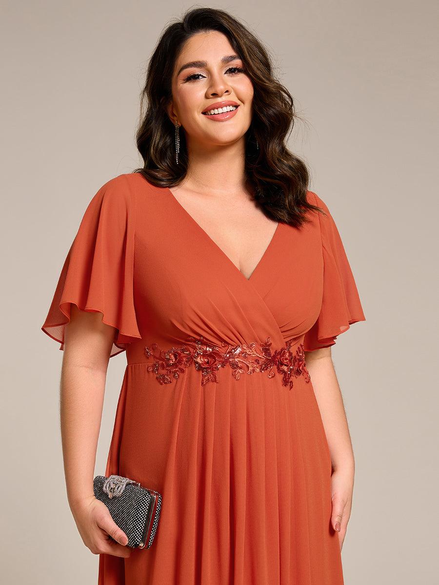 Robe d'invité de mariage mi-longue en mousseline de soie à col en V de grande taille avec applique à la taille #Couleur_Orange Brûlée