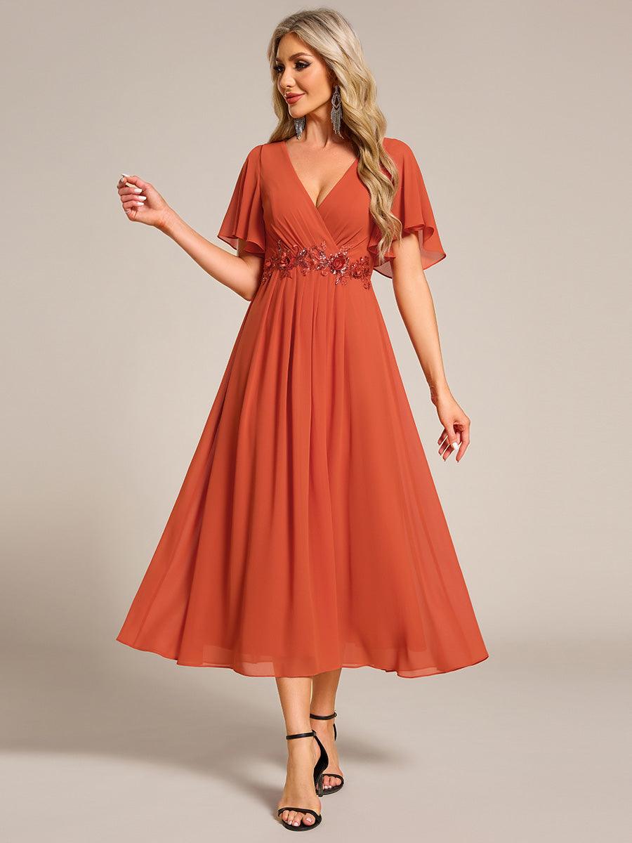Robe d'invité de mariage mi-longue en mousseline de soie à col en V de grande taille avec applique à la taille #Couleur_Orange Brûlée