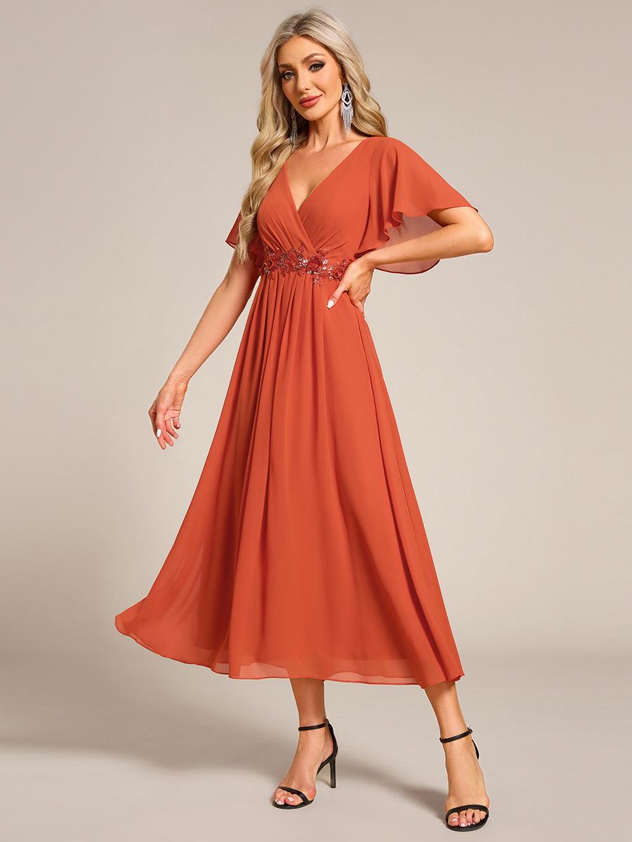 Robe d'invité de mariage mi-longue en mousseline de soie à col en V de grande taille avec applique à la taille #Couleur_Orange Brûlée