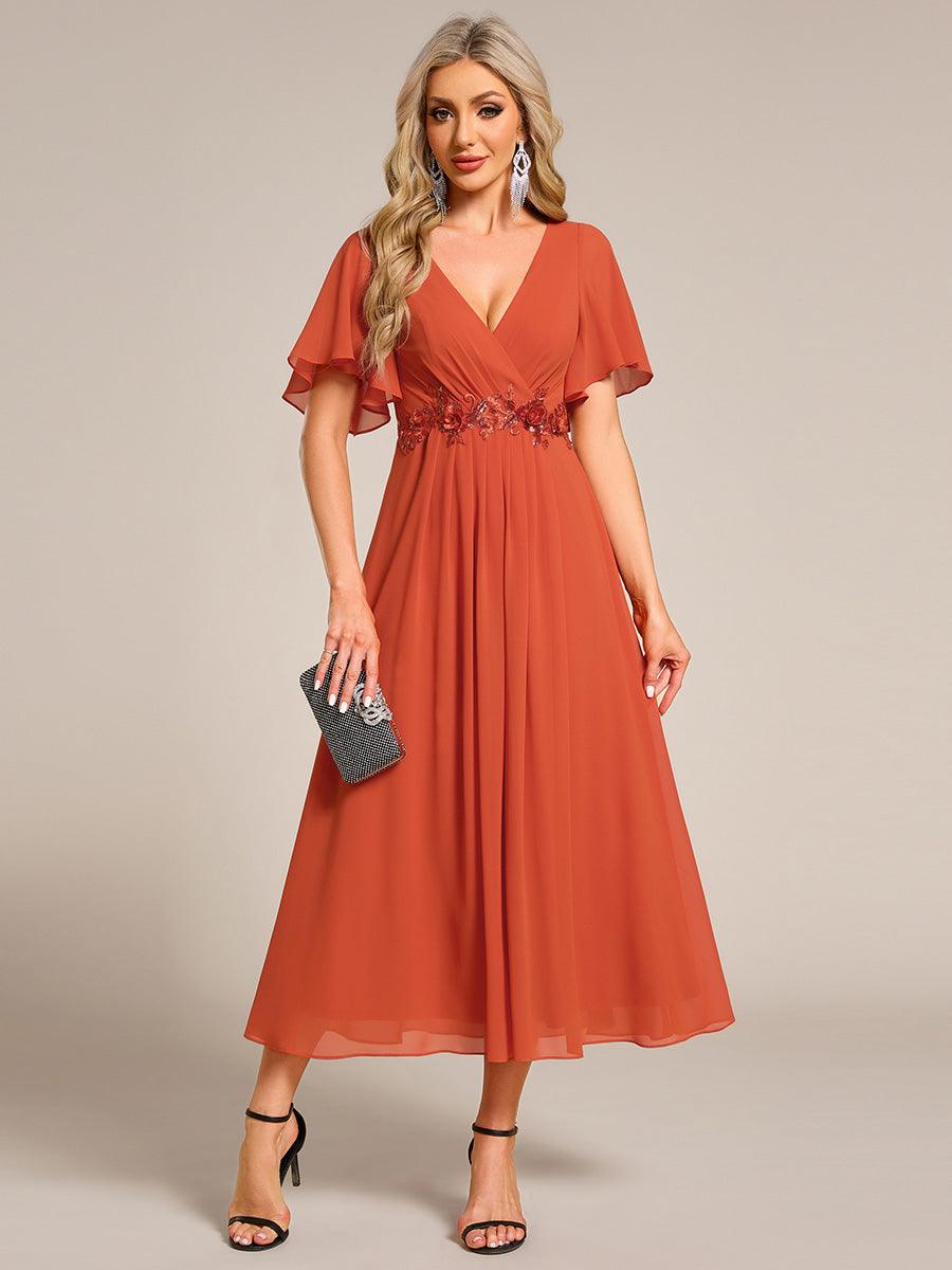 Robe d'invité de mariage mi-longue en mousseline de soie à col en V de grande taille avec applique à la taille #Couleur_Orange Brûlée