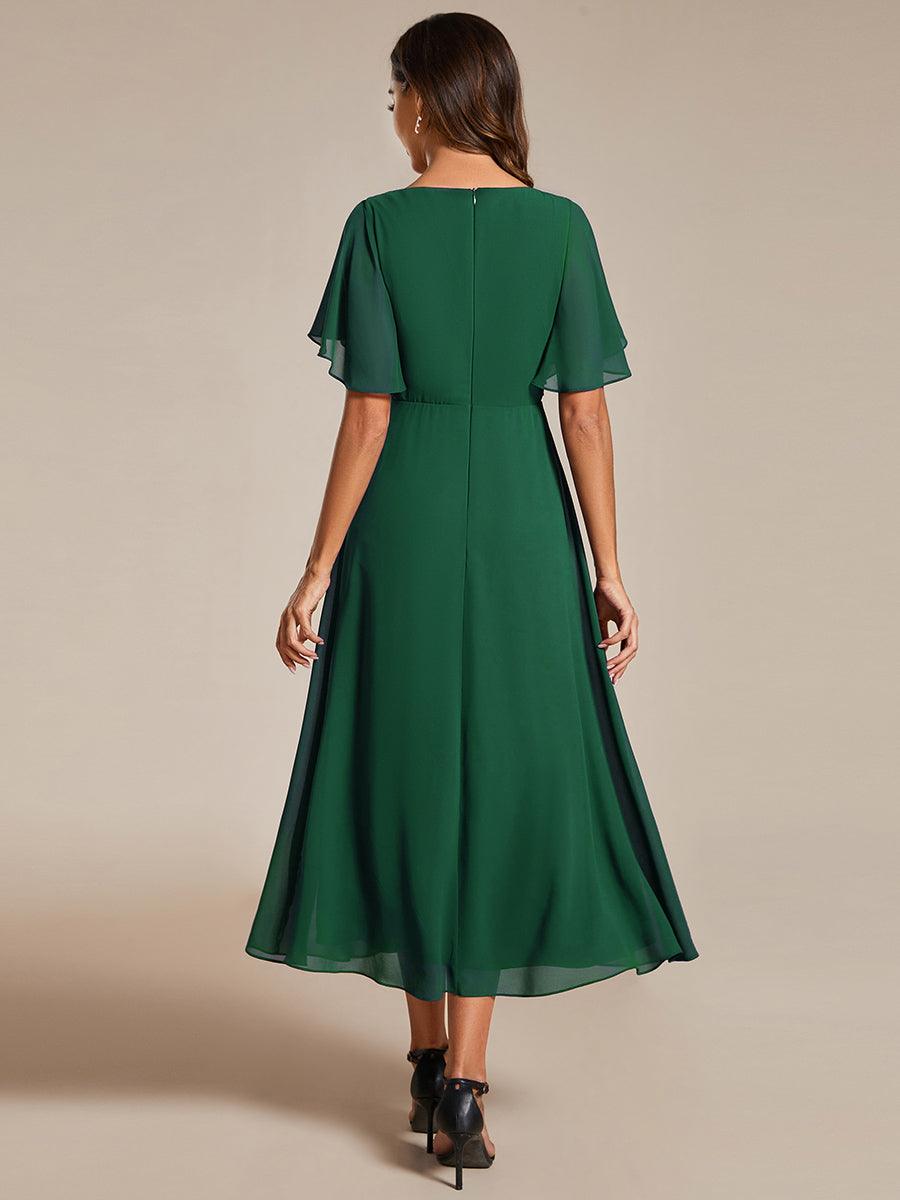 Robe d'invité de mariage mi-longue en mousseline à col en V avec appliques à la taille #Couleur_Vert Fonce