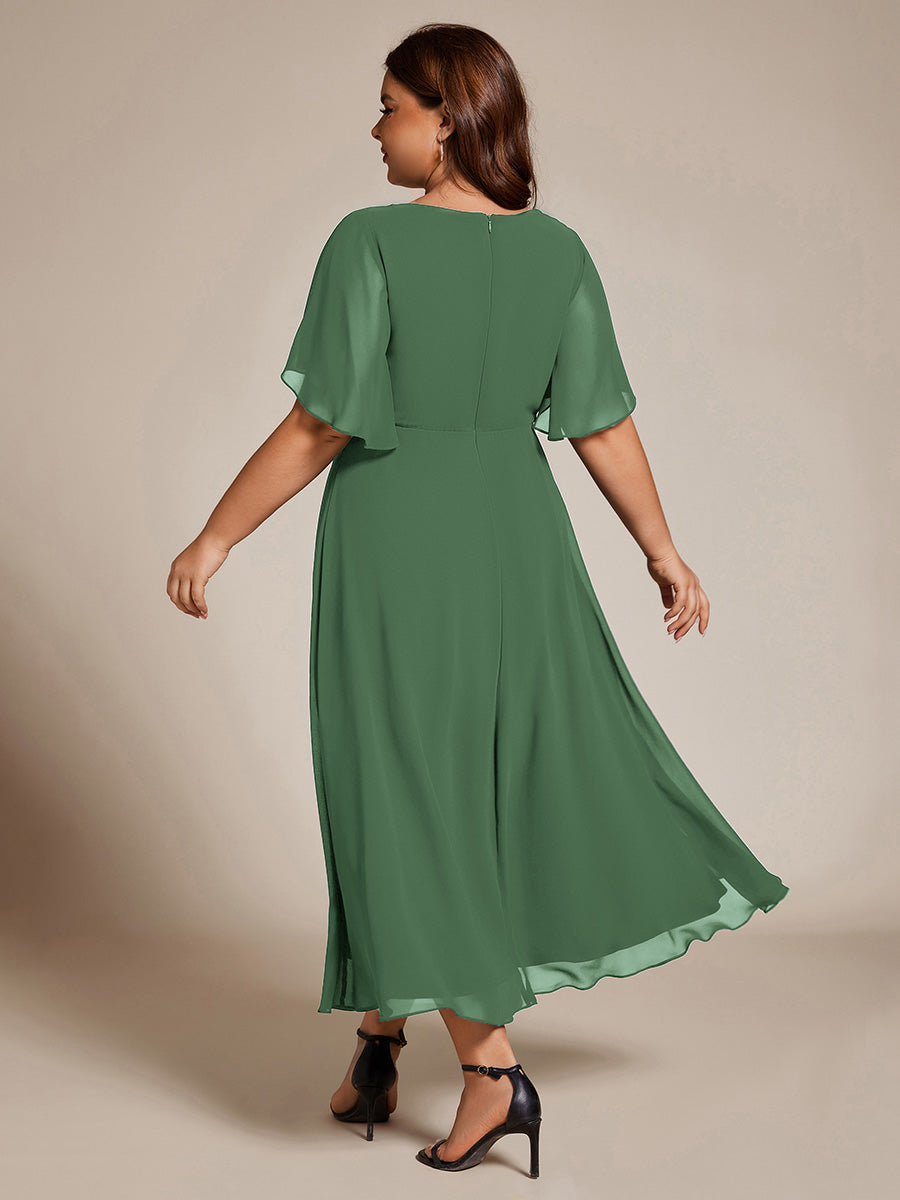 Robe d'invité de mariage mi-longue en mousseline de soie à col en V de grande taille avec applique à la taille #Couleur_Eucalyptus