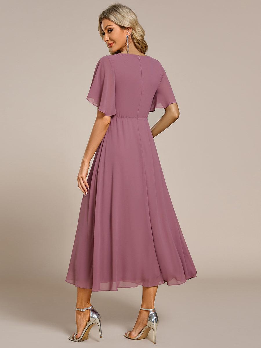 Robe d'invité de mariage mi-longue en mousseline de soie à col en V de grande taille avec applique à la taille #Couleur_Orchidee