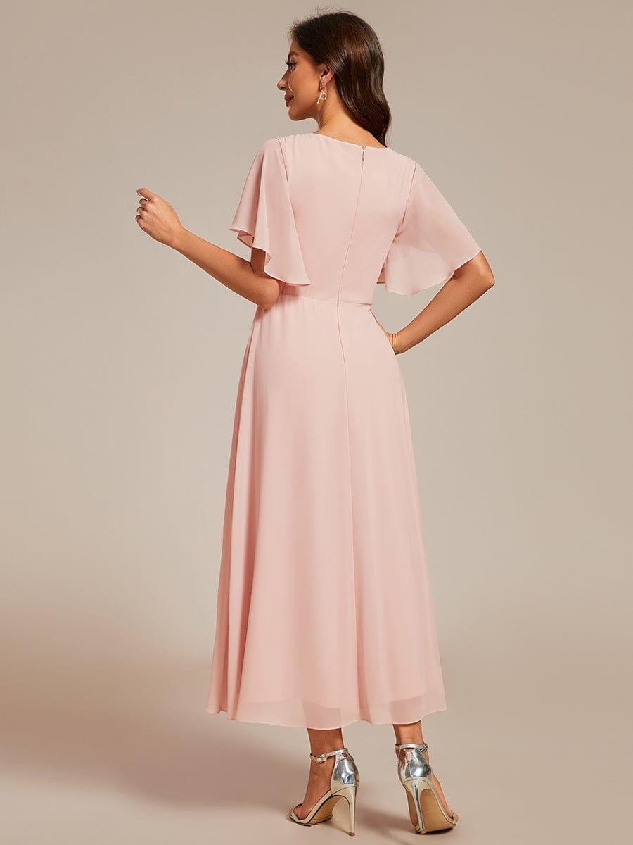Robe d'invité de mariage mi-longue en mousseline à col en V avec appliques à la taille #Couleur_Rose