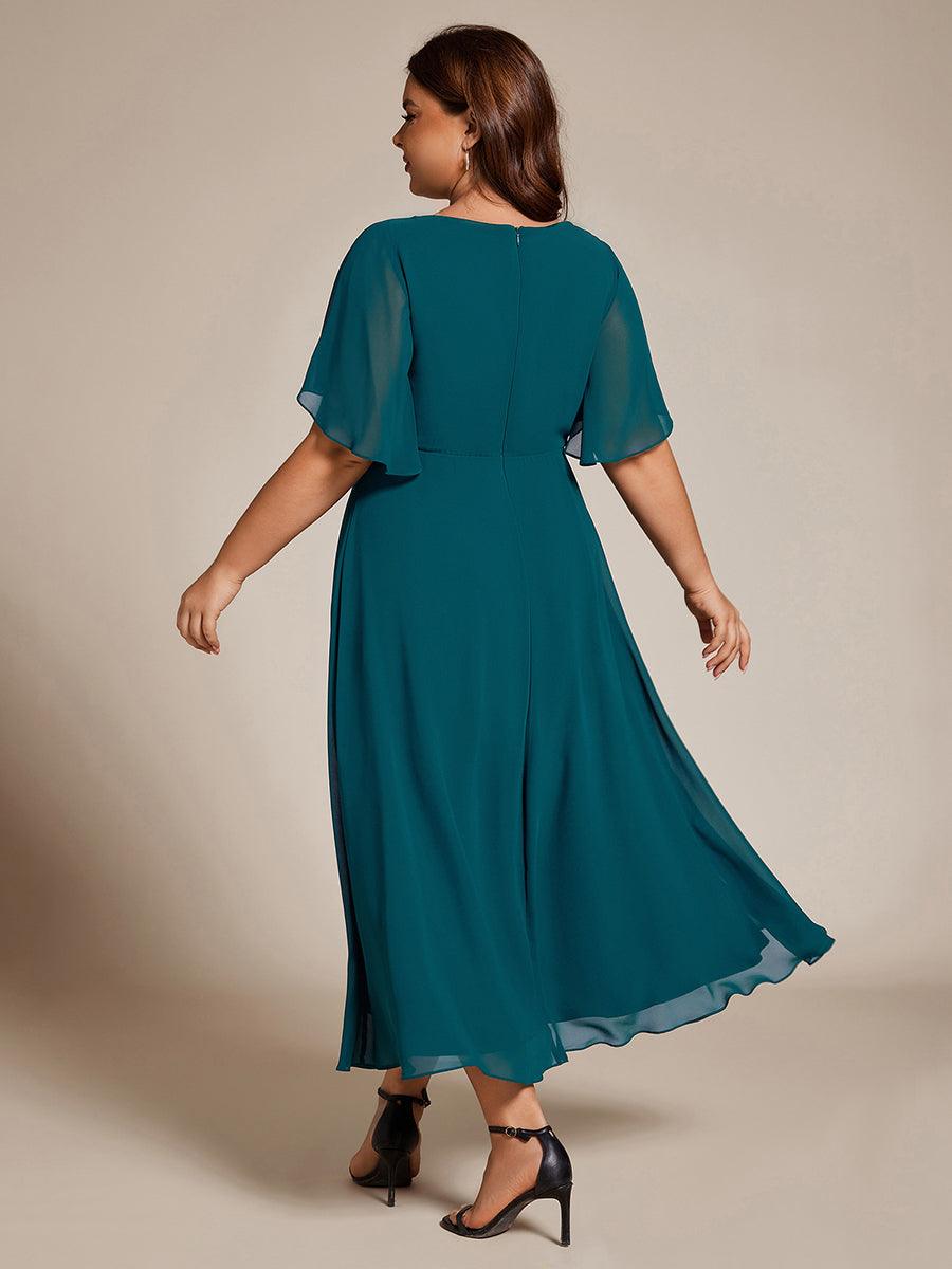 Robe d'invité de mariage mi-longue en mousseline de soie à col en V de grande taille avec applique à la taille #Couleur_Bleu Sarcelle