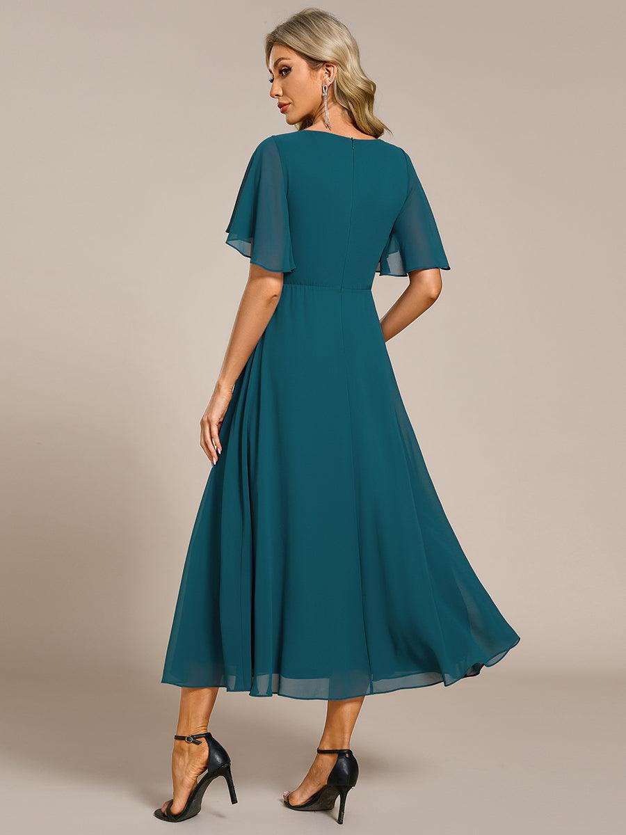 Robe d'invité de mariage mi-longue en mousseline de soie à col en V de grande taille avec applique à la taille #Couleur_Bleu Sarcelle