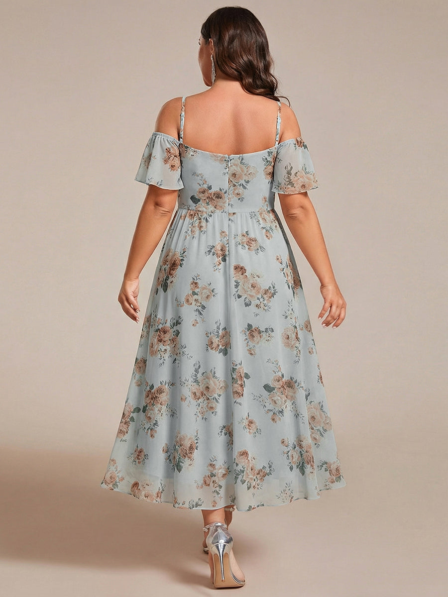 Robes d'invitées de mariage en mousseline épaules dénudées hautes et basses manches courtes #Couleur_Floraison Ambrée