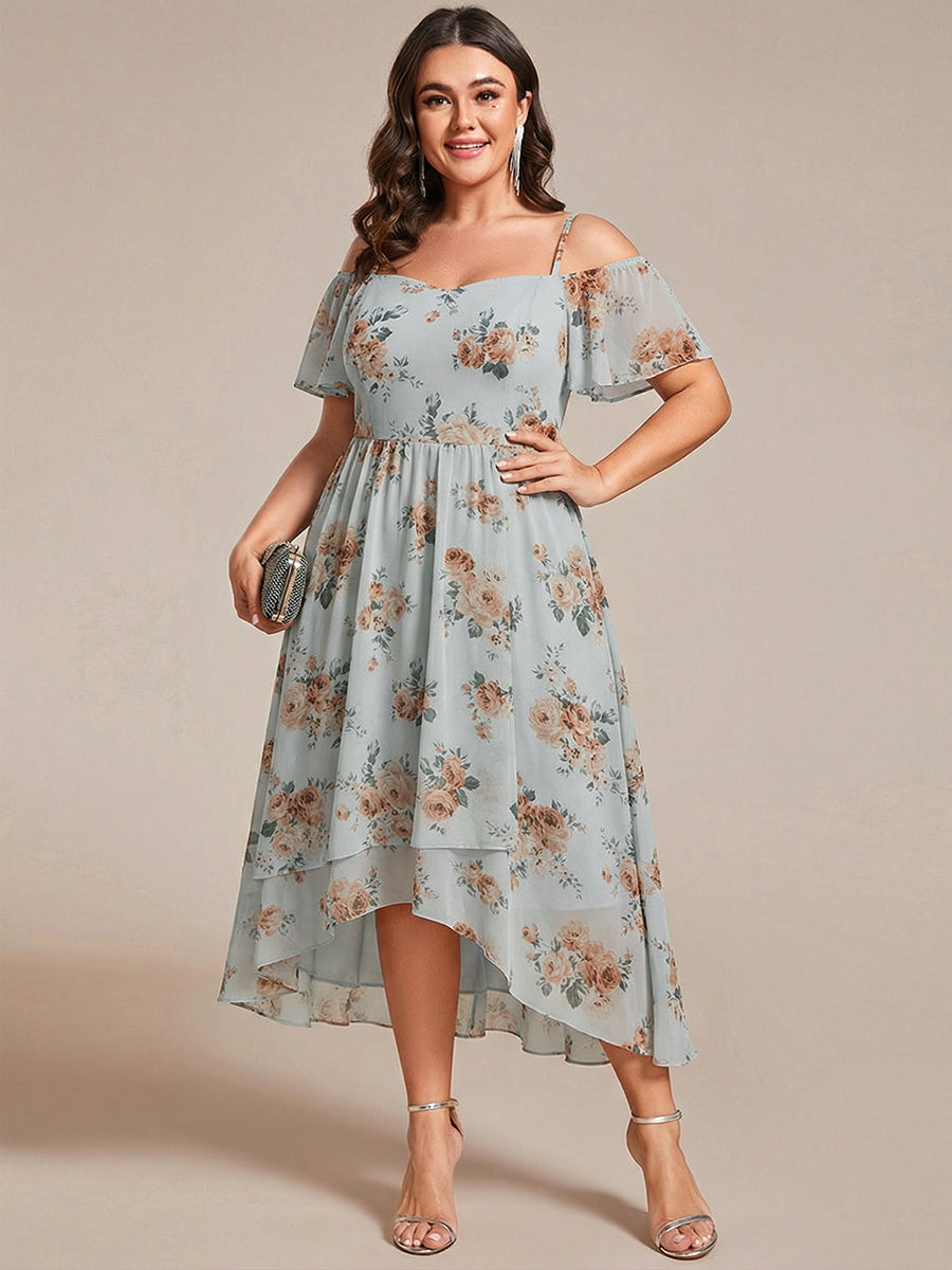 Robes d'invitées de mariage en mousseline épaules dénudées hautes et basses manches courtes #Couleur_Floraison Ambrée