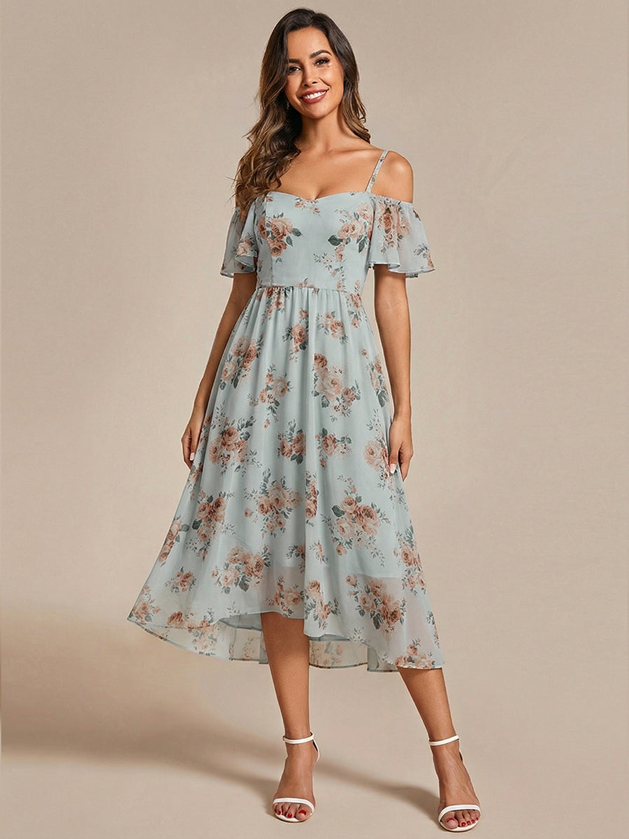 Robes d'invitées de mariage en mousseline épaules dénudées hautes et basses manches courtes #Couleur_Floraison Ambrée