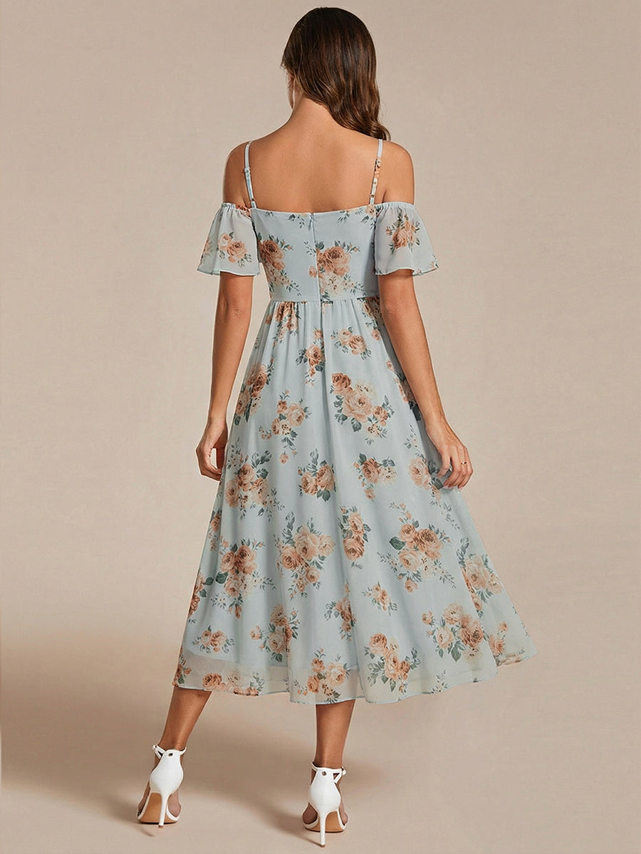 Robes d'invitées de mariage en mousseline épaules dénudées hautes et basses manches courtes #Couleur_Floraison Ambrée