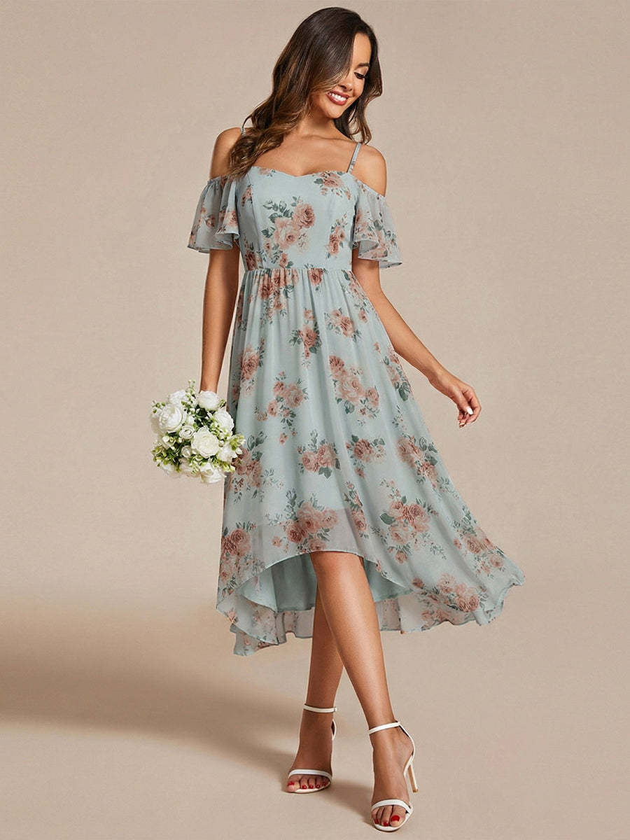 Robes d'invitées de mariage en mousseline épaules dénudées hautes et basses manches courtes #Couleur_Floraison Ambrée