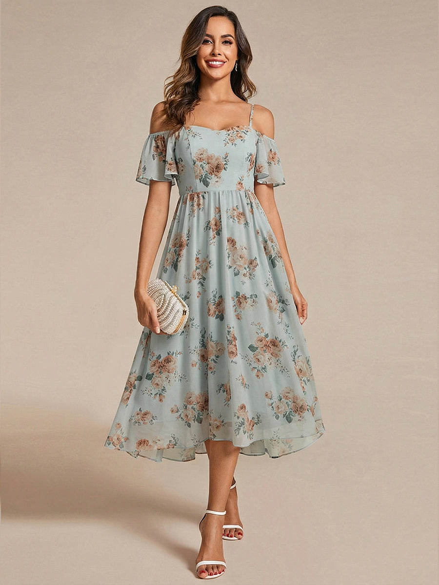 Robes d'invitées de mariage en mousseline épaules dénudées hautes et basses manches courtes #Couleur_Floraison Ambrée