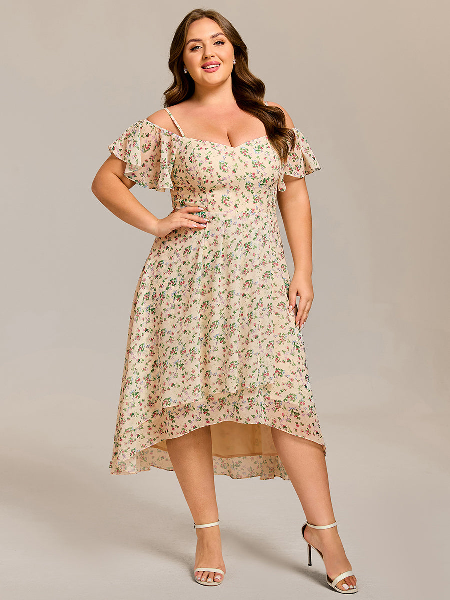 Robes d'invitées de mariage en mousseline épaules dénudées hautes et basses manches courtes #Couleur_Imprimé abricot
