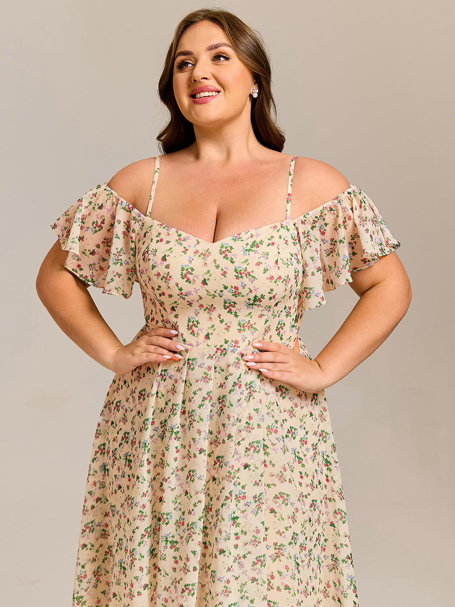 Robes d'invitées de mariage en mousseline épaules dénudées hautes et basses manches courtes #Couleur_Imprimé abricot
