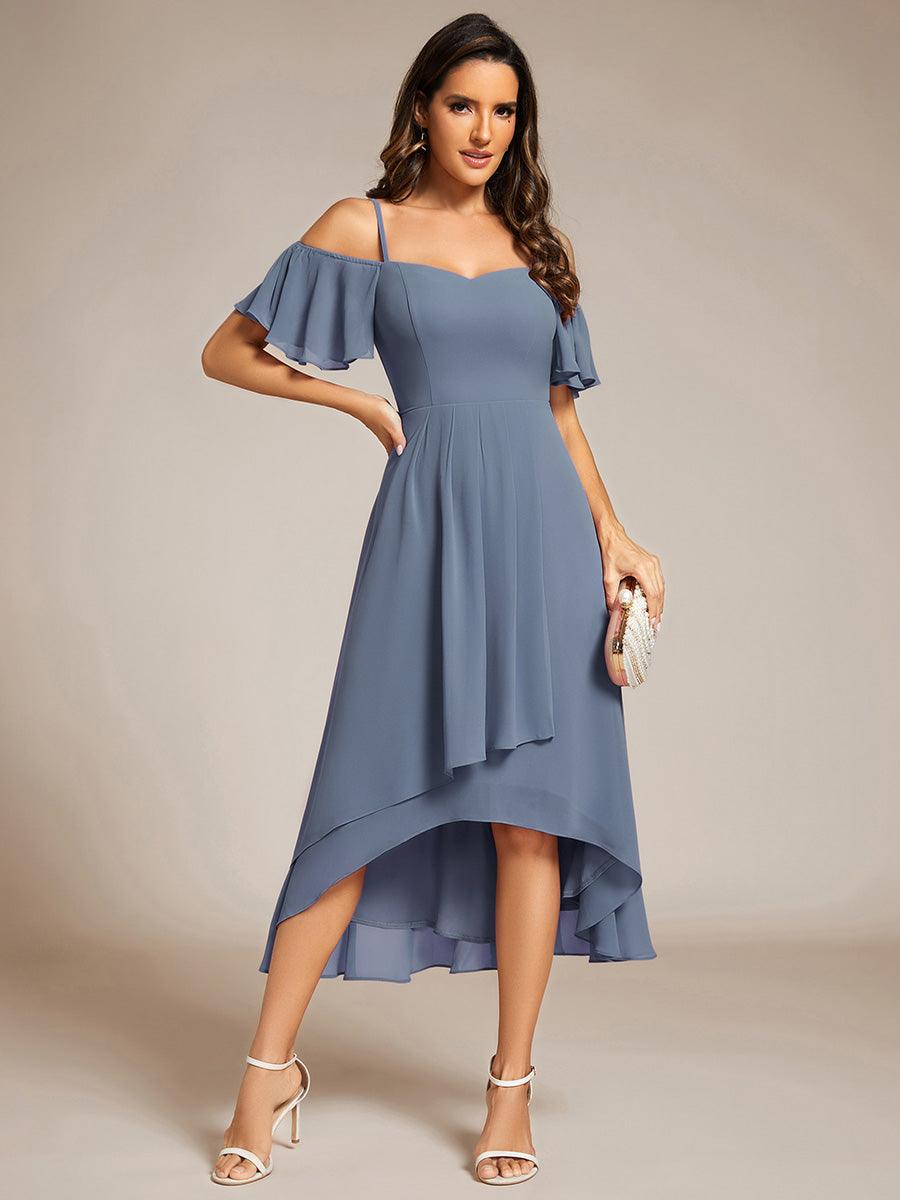 Robes d'invitées de mariage en mousseline, épaules dénudées, hautes et basses, manches courtes #Couleur_Marine Fume