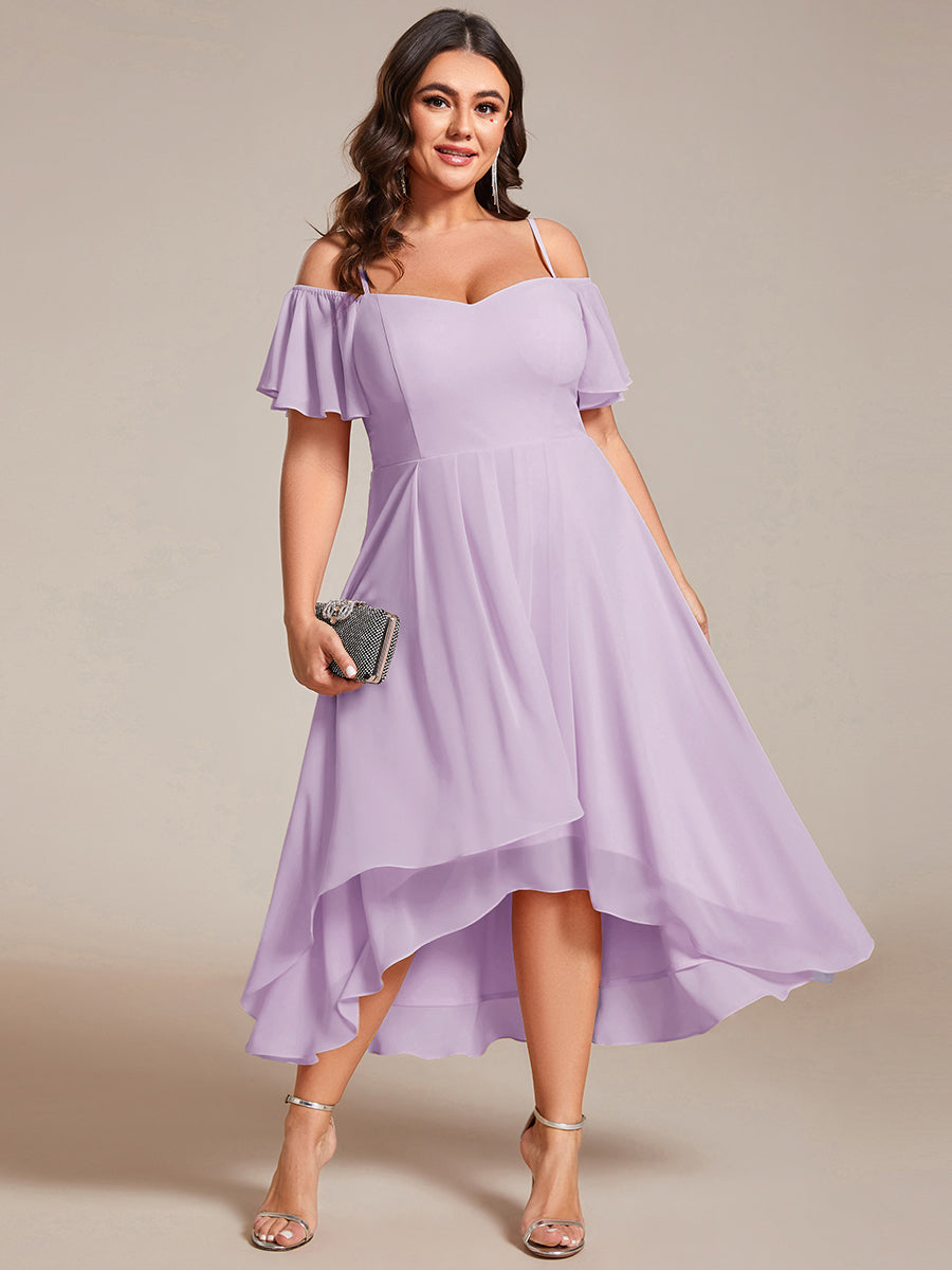 Robes d'invitées de mariage en mousseline épaules dénudées hautes et basses manches courtes #Couleur_Lilas Givré
