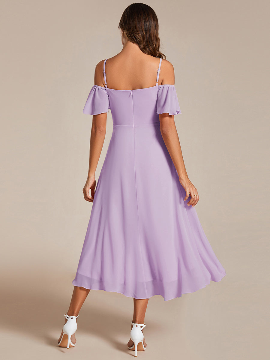 Robes d'invitées de mariage en mousseline épaules dénudées hautes et basses manches courtes #Couleur_Lilas Givré