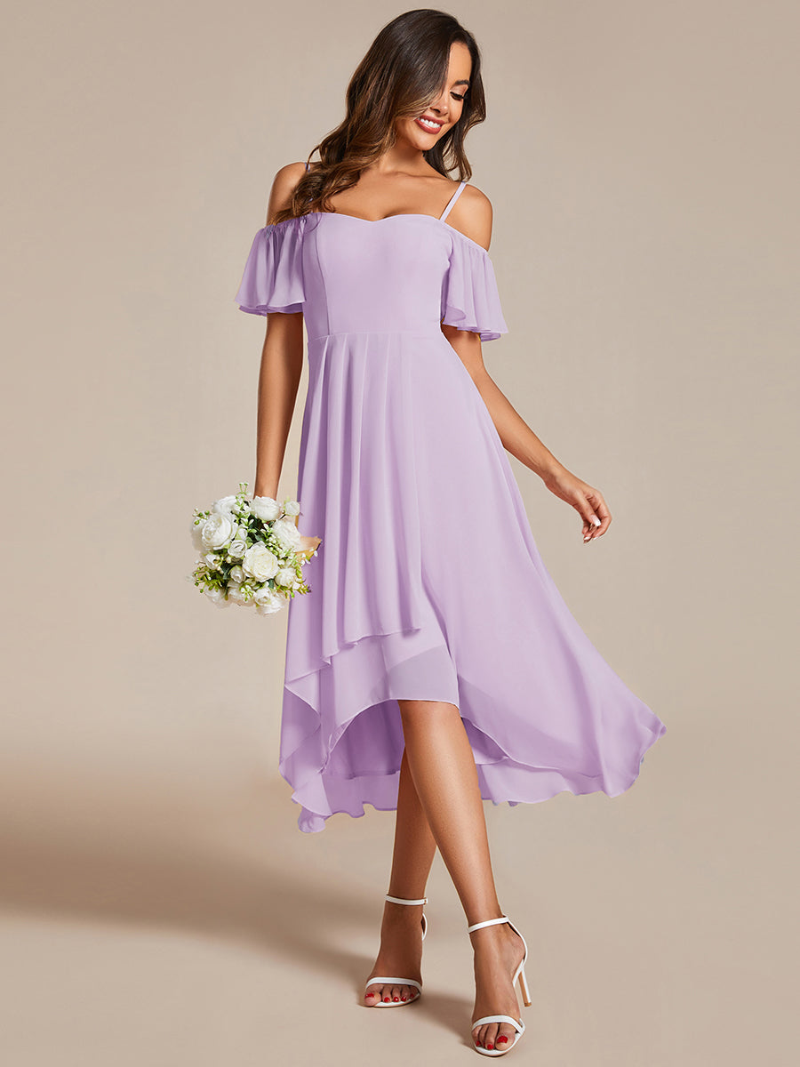 Robes d'invitées de mariage en mousseline épaules dénudées hautes et basses manches courtes #Couleur_Lilas Givré