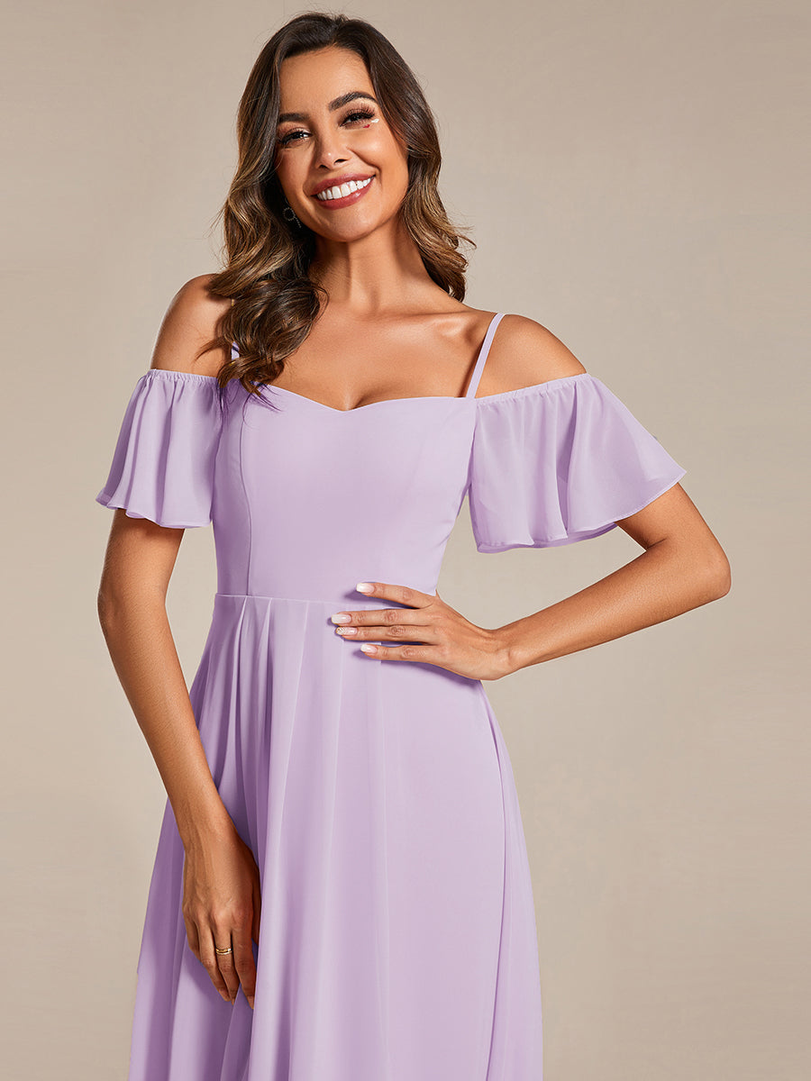Robes d'invitées de mariage en mousseline épaules dénudées hautes et basses manches courtes #Couleur_Lilas Givré