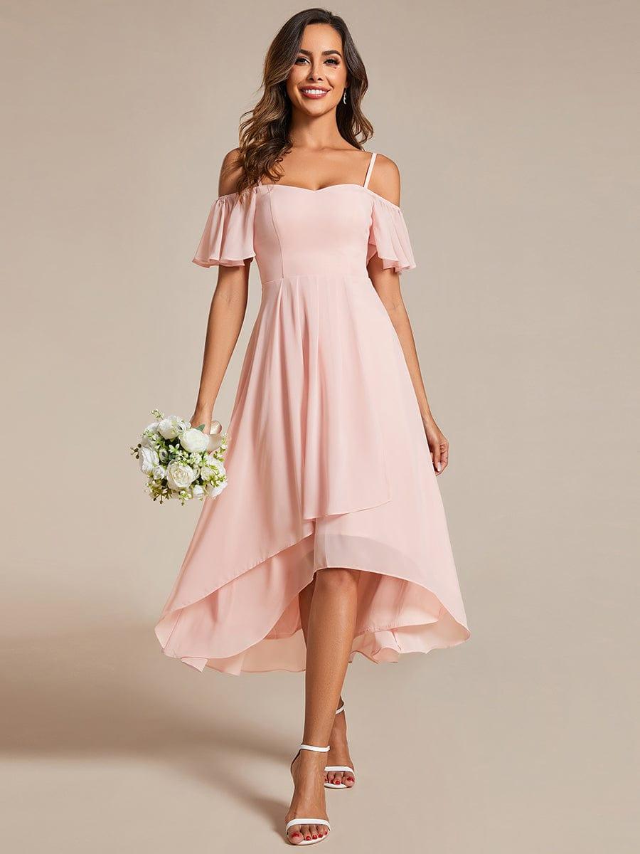 Robes d'invitées de mariage en mousseline, épaules dénudées, hautes et basses, manches courtes #Couleur_Rose