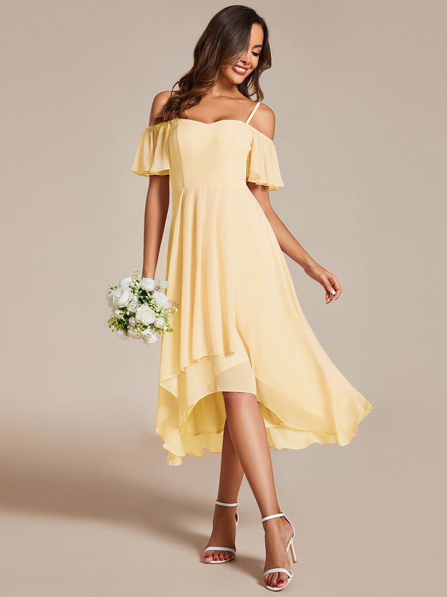 Robes d'invitées de mariage en mousseline épaules dénudées hautes et basses manches courtes #Couleur_Jaune
