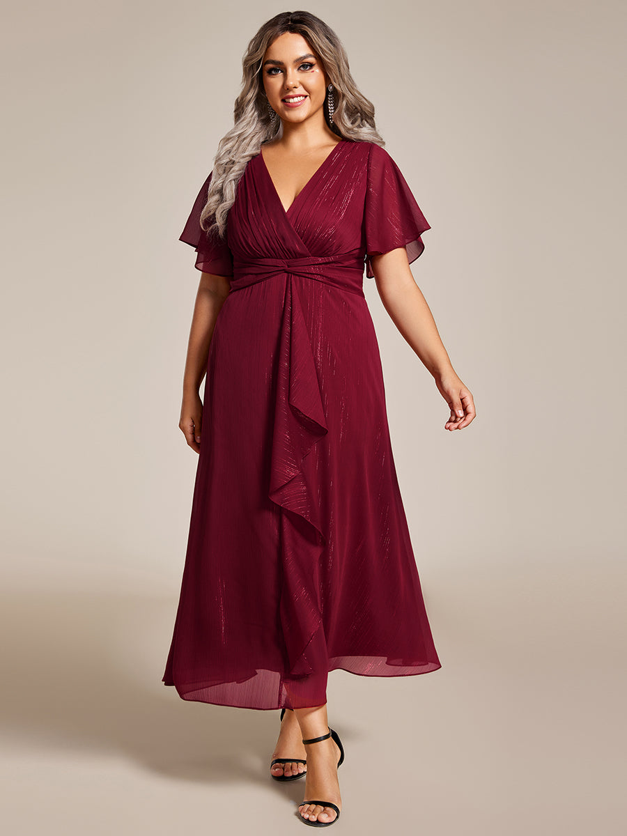 Robe d'invité de mariage mi-longue trapèze à manches courtes et paillettes de grande taille avec ourlet à volants #Couleur_Bordeaux