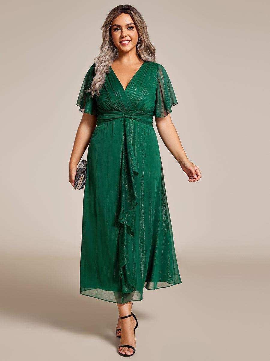 Robe d'invité de mariage mi-longue trapèze à manches courtes et paillettes de grande taille avec ourlet à volants #Couleur_Vert Fonce