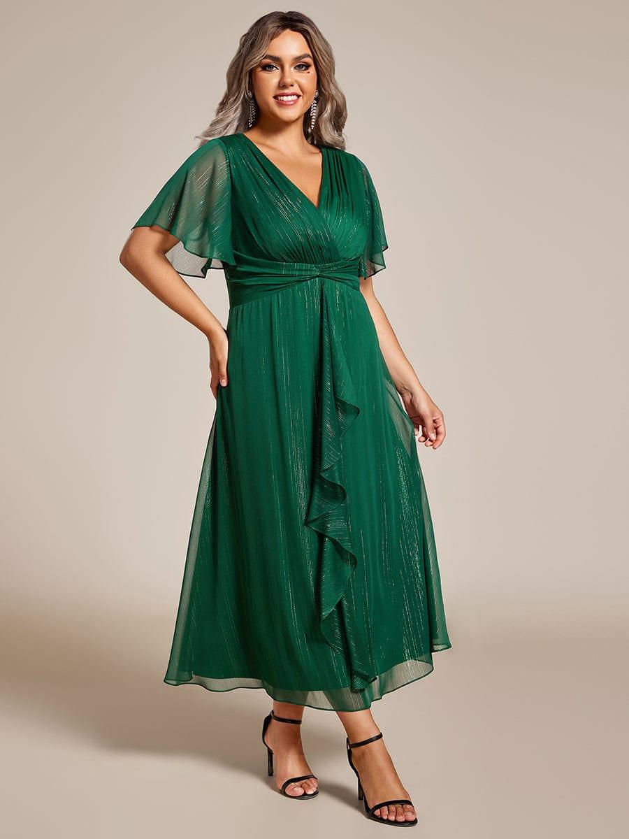 Robe d'invité de mariage mi-longue trapèze à manches courtes et paillettes de grande taille avec ourlet à volants #Couleur_Vert Fonce