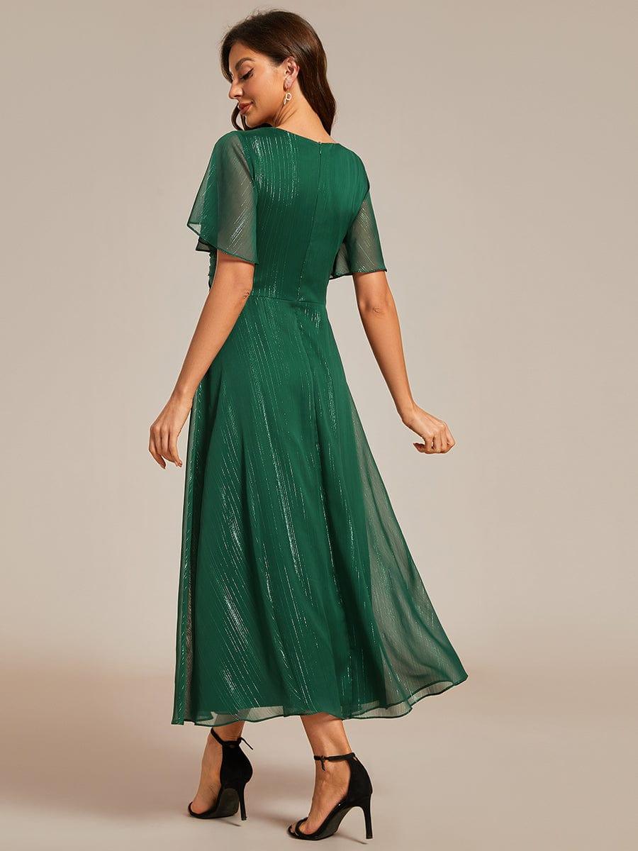 Robe d'invité de mariage mi-longue trapèze à manches courtes et paillettes avec ourlet à volants #Couleur_Vert Fonce