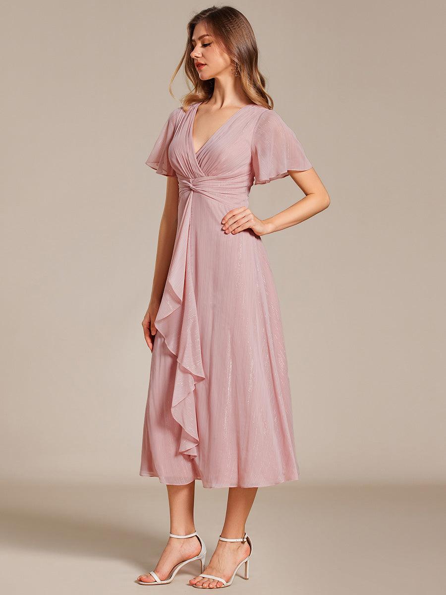 Robe d'invité de mariage mi-longue trapèze à manches courtes et paillettes avec ourlet à volants #Couleur_Rose fumee