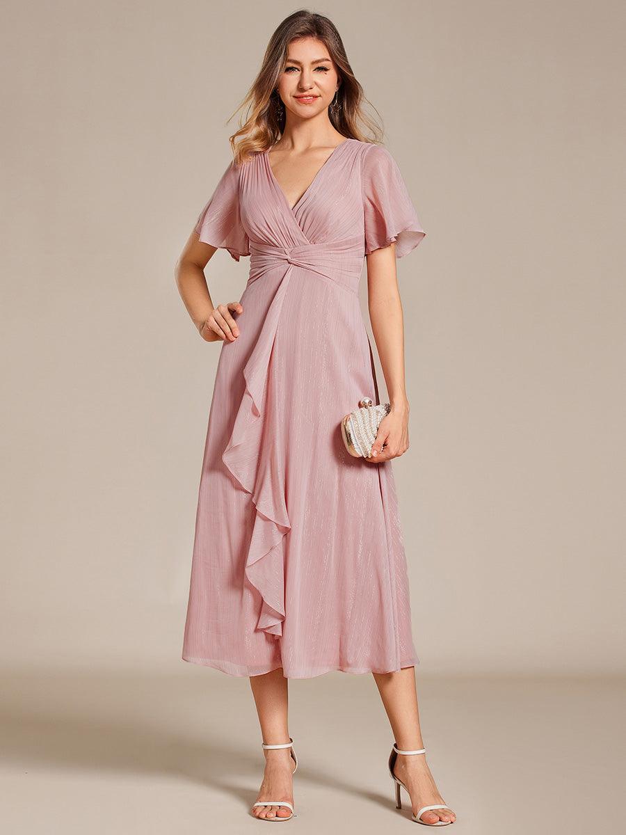 Robe d'invité de mariage mi-longue trapèze à manches courtes et paillettes avec ourlet à volants #Couleur_Rose fumee