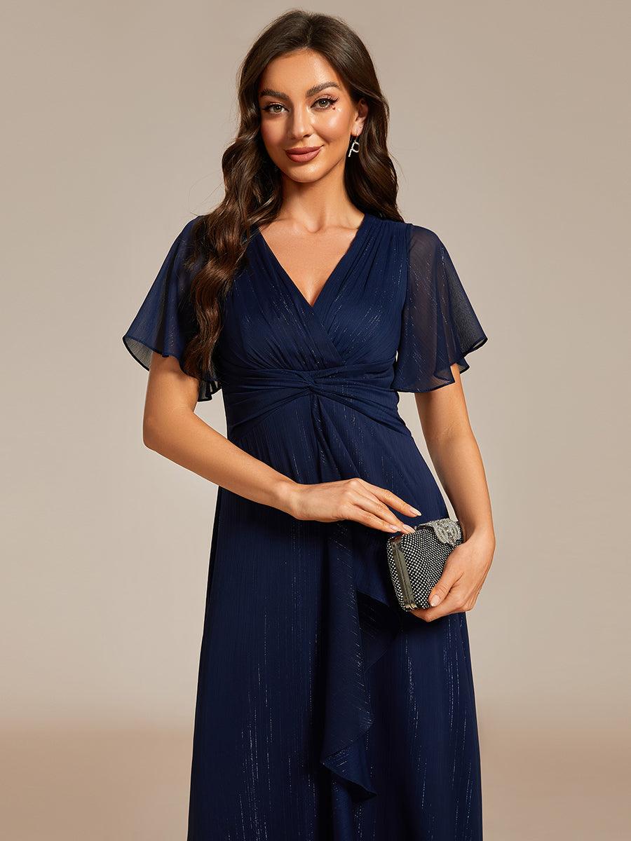 Robe d'invité de mariage mi-longue trapèze à manches courtes et paillettes avec ourlet à volants #Couleur_Bleu Marine