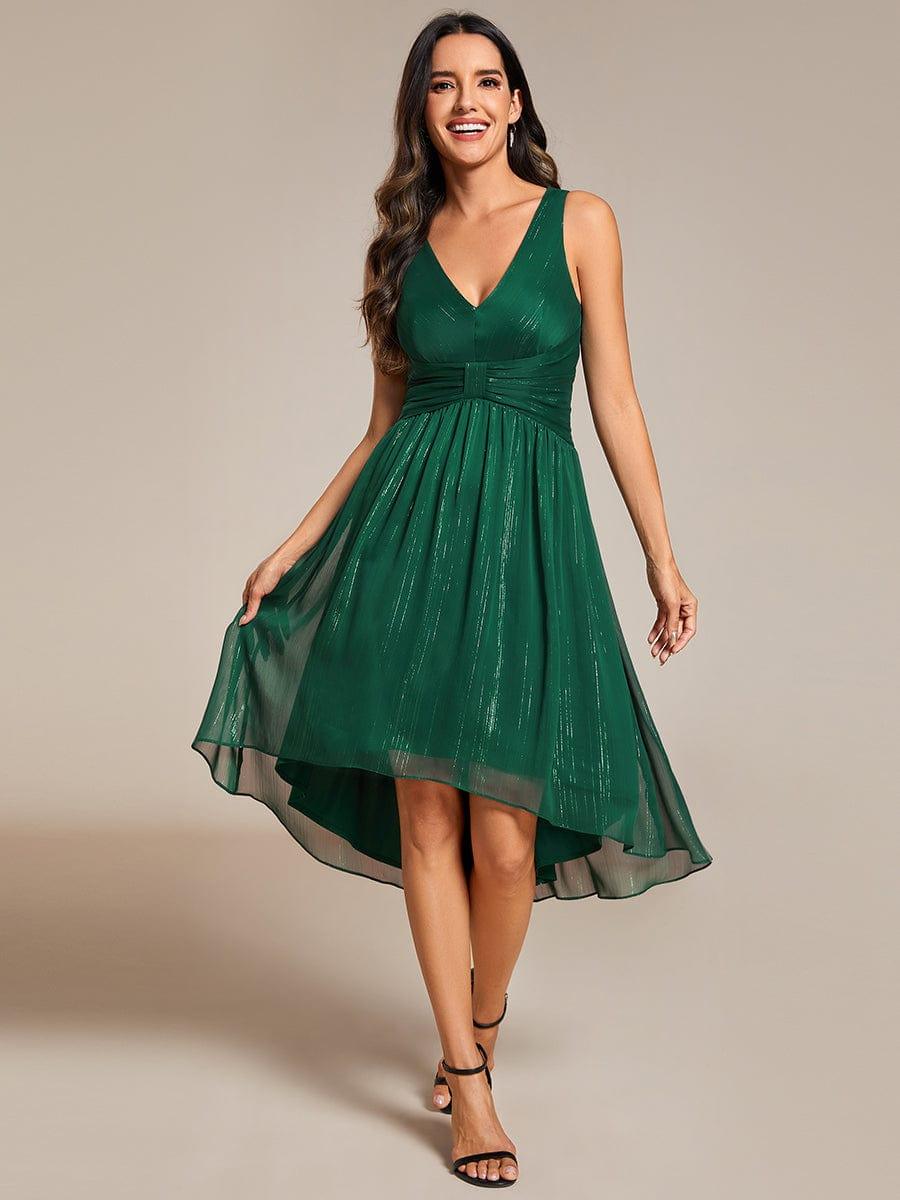Robe d'invité de mariage plissée sans manches à taille haute et basse à paillettes #Couleur_Vert Fonce