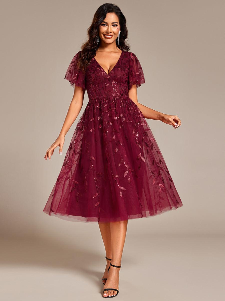 Robe d'invité de mariage formelle mi-longue à paillettes et feuilles à manches courtes #Couleur_Bordeaux