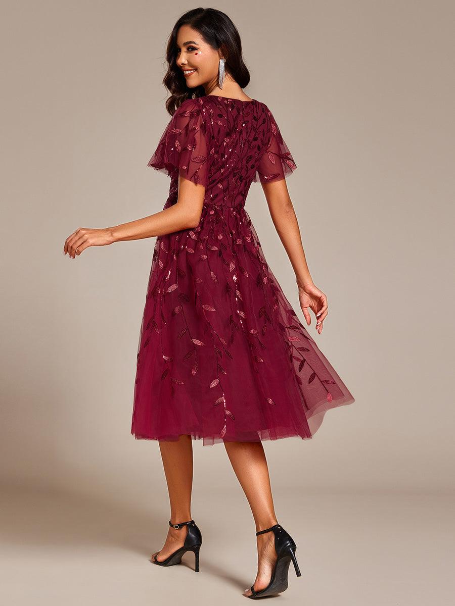 Robe d'invité de mariage formelle mi-longue à paillettes et feuilles à manches courtes #Couleur_Bordeaux