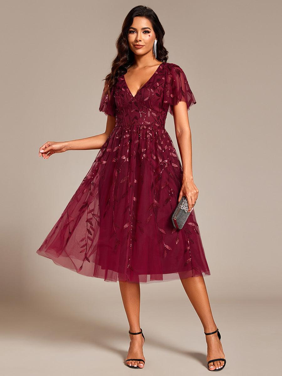 Robe d'invité de mariage formelle mi-longue à paillettes et feuilles à manches courtes #Couleur_Bordeaux