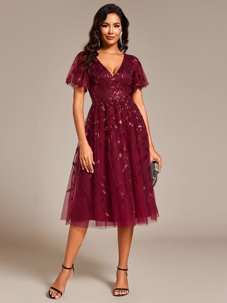Robe d'invité de mariage formelle mi-longue à paillettes et feuilles à manches courtes #Couleur_Bordeaux