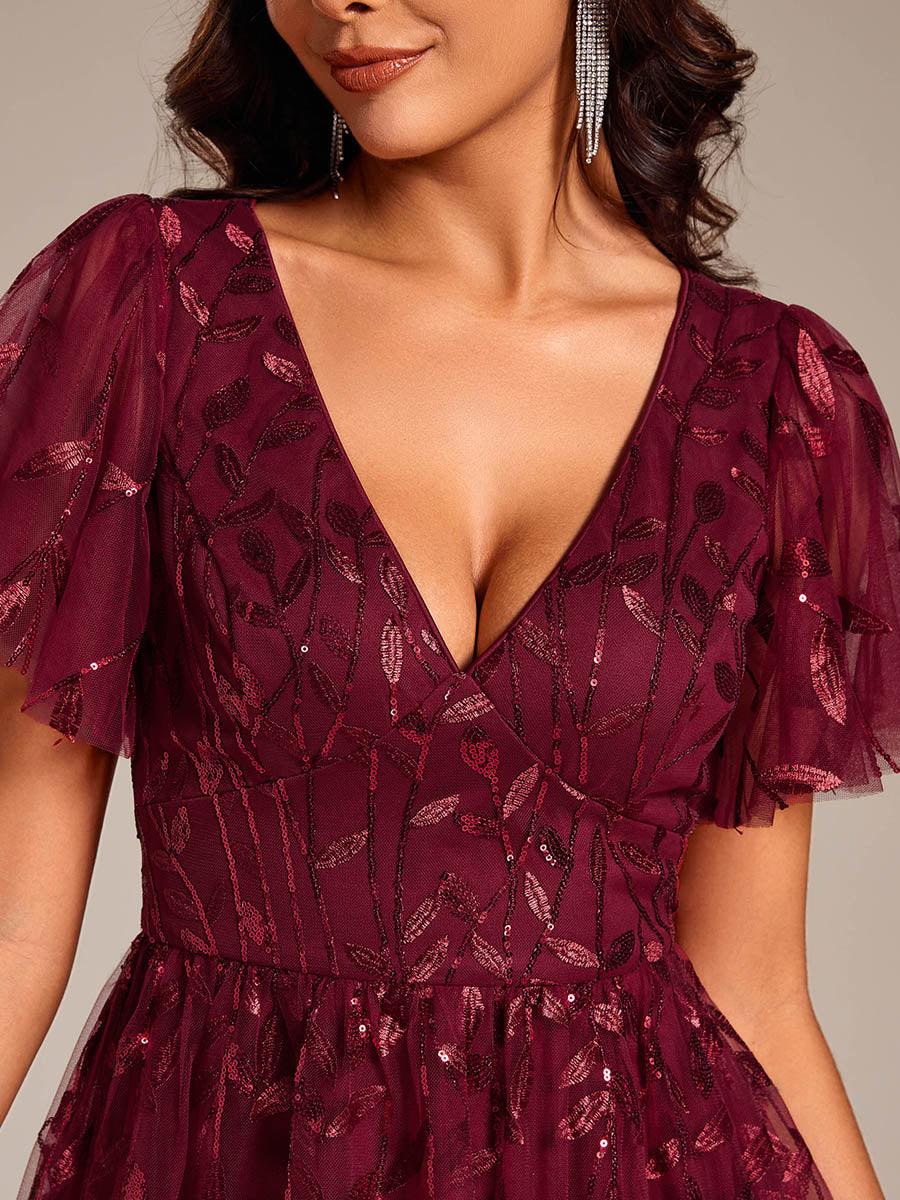 Robe d'invité de mariage formelle mi-longue à paillettes et feuilles à manches courtes #Couleur_Bordeaux