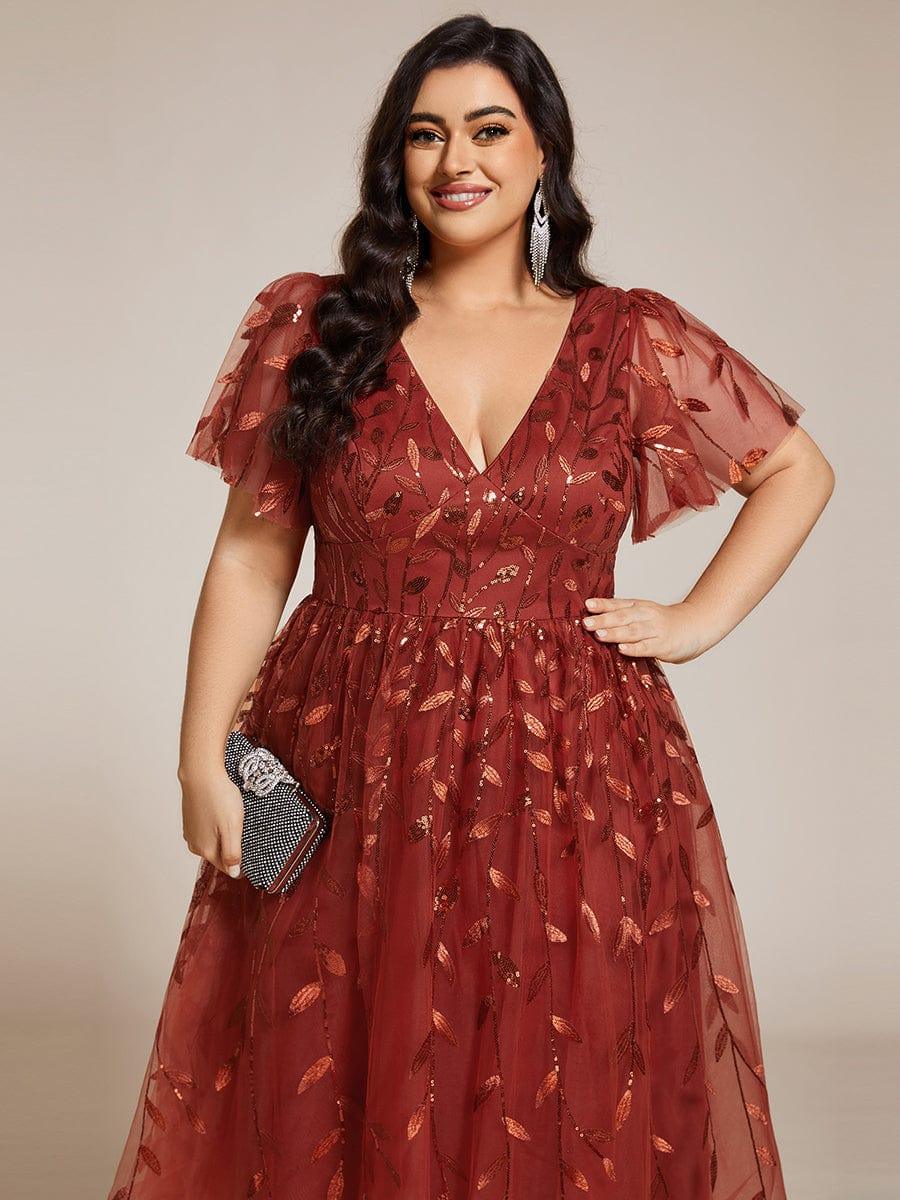 Robe d'invité de mariage formelle en tulle mi-longue scintillante de grande taille avec paillettes de feuilles #Couleur_Orange Br?lée