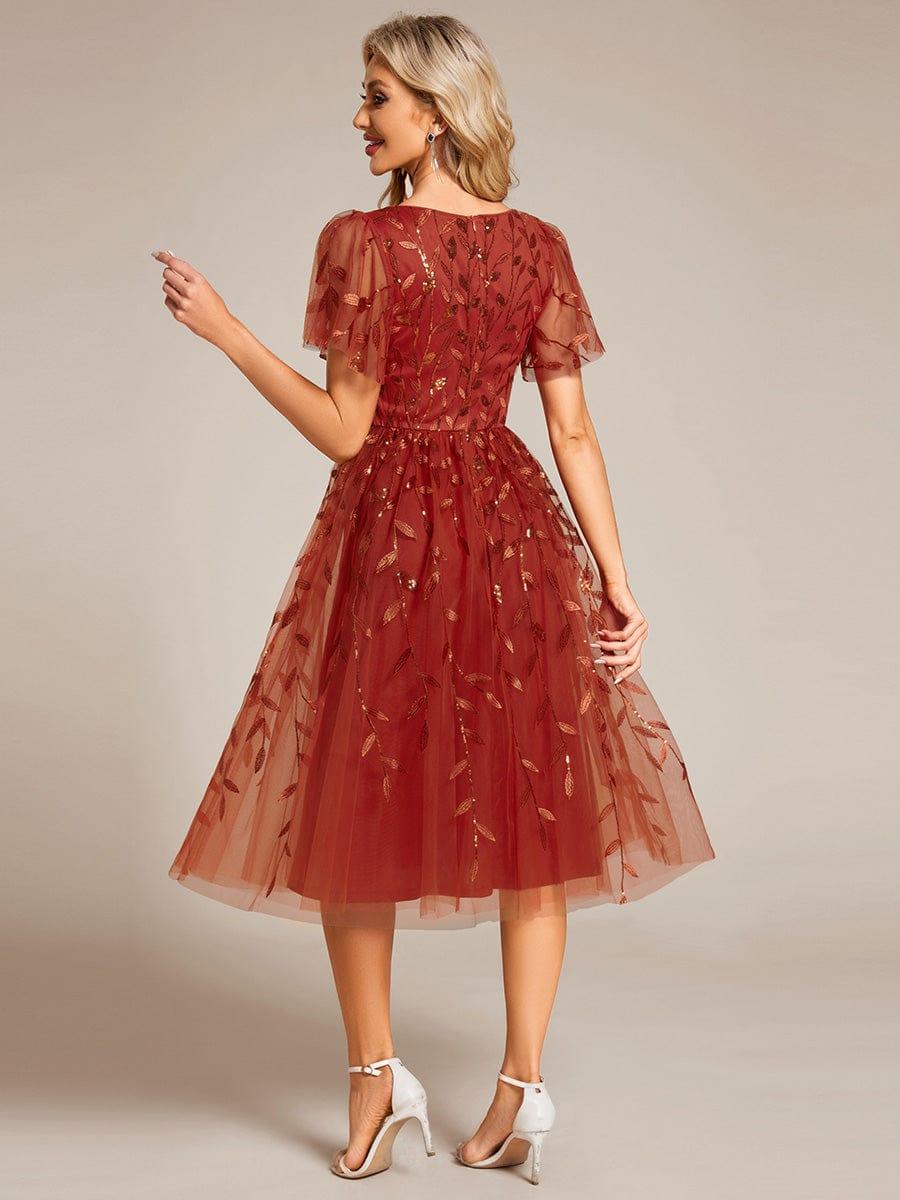 Robe d'invité de mariage formelle mi-longue à paillettes et feuilles à manches courtes #Couleur_Burnt Orange
