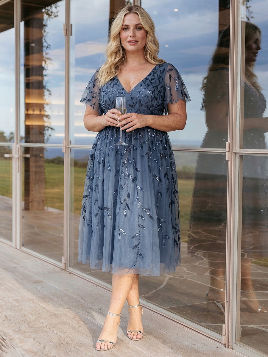 Robe d'invité de mariage formelle mi-longue à paillettes et feuilles à manches courtes #Couleur_Marine Fume