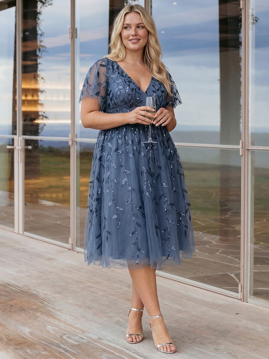 Robe d'invité de mariage formelle mi-longue à paillettes et feuilles à manches courtes #Couleur_Marine Fume