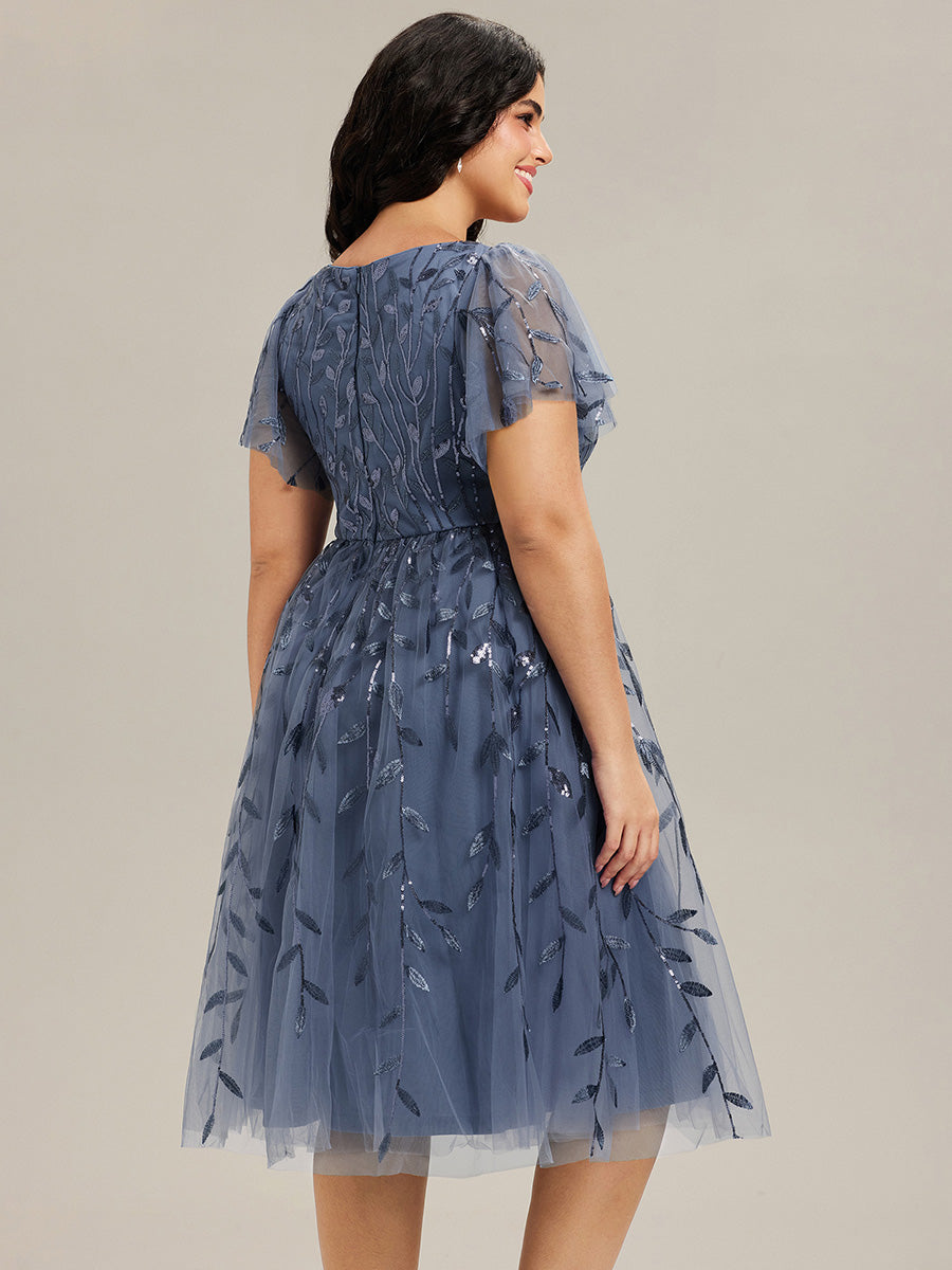 Robe d'invité de mariage formelle en tulle mi-longue scintillante de grande taille avec paillettes de feuilles #Couleur_Marine Fume