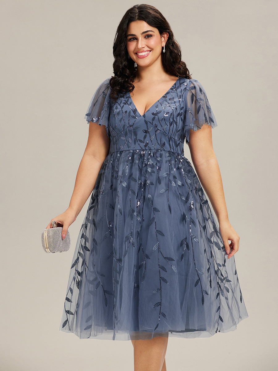 Robe d'invité de mariage formelle mi-longue à paillettes et feuilles à manches courtes #Couleur_Marine Fume