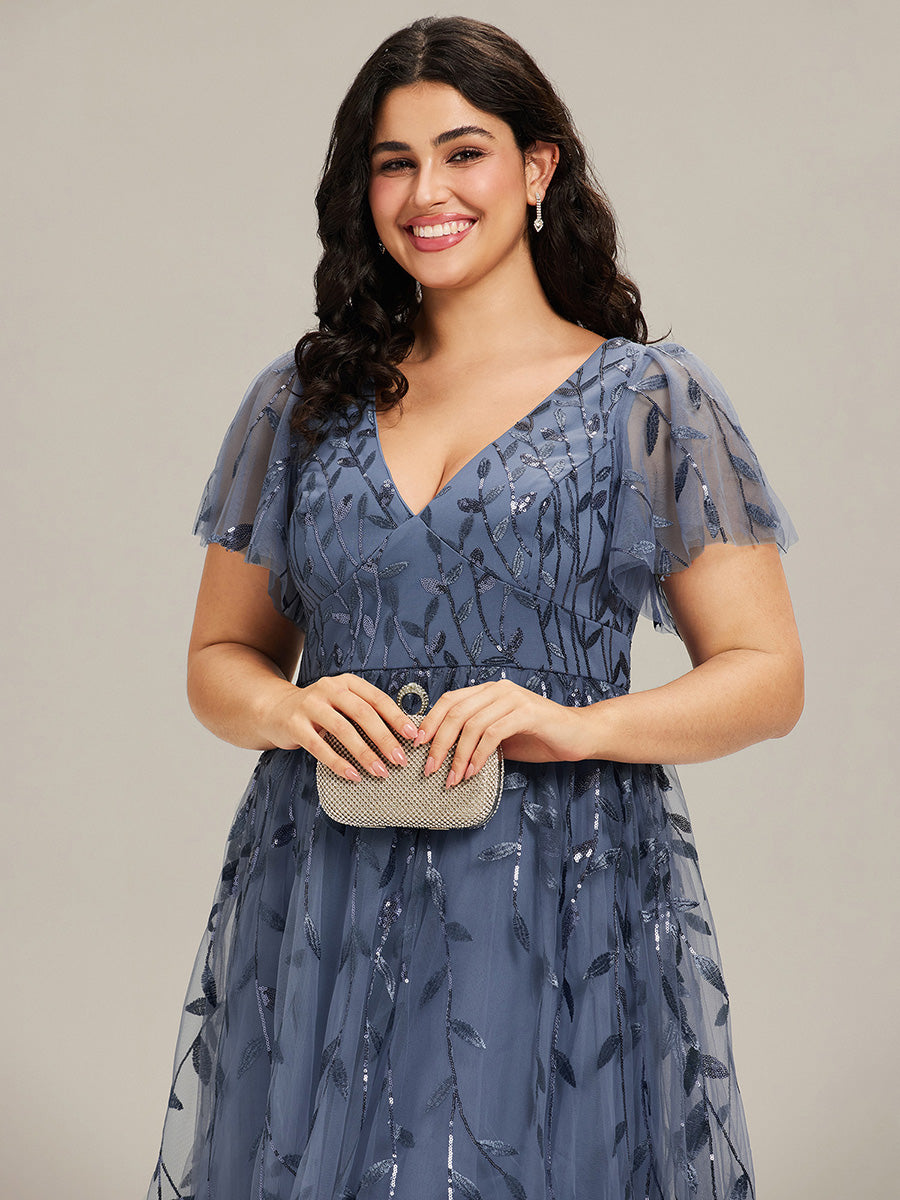 Robe d'invité de mariage formelle en tulle mi-longue scintillante de grande taille avec paillettes de feuilles #Couleur_Marine Fume