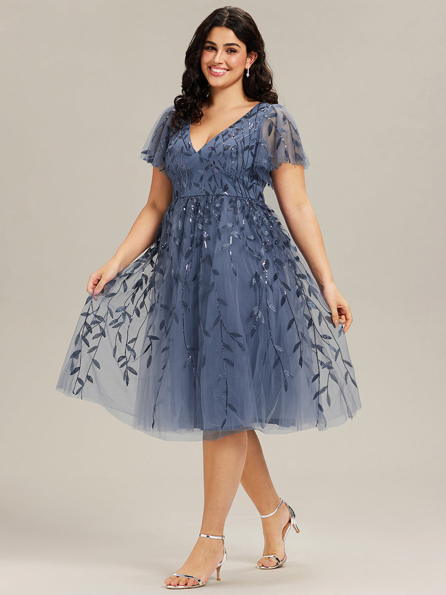 Robe d'invité de mariage formelle en tulle mi-longue scintillante de grande taille avec paillettes de feuilles #Couleur_Marine Fume