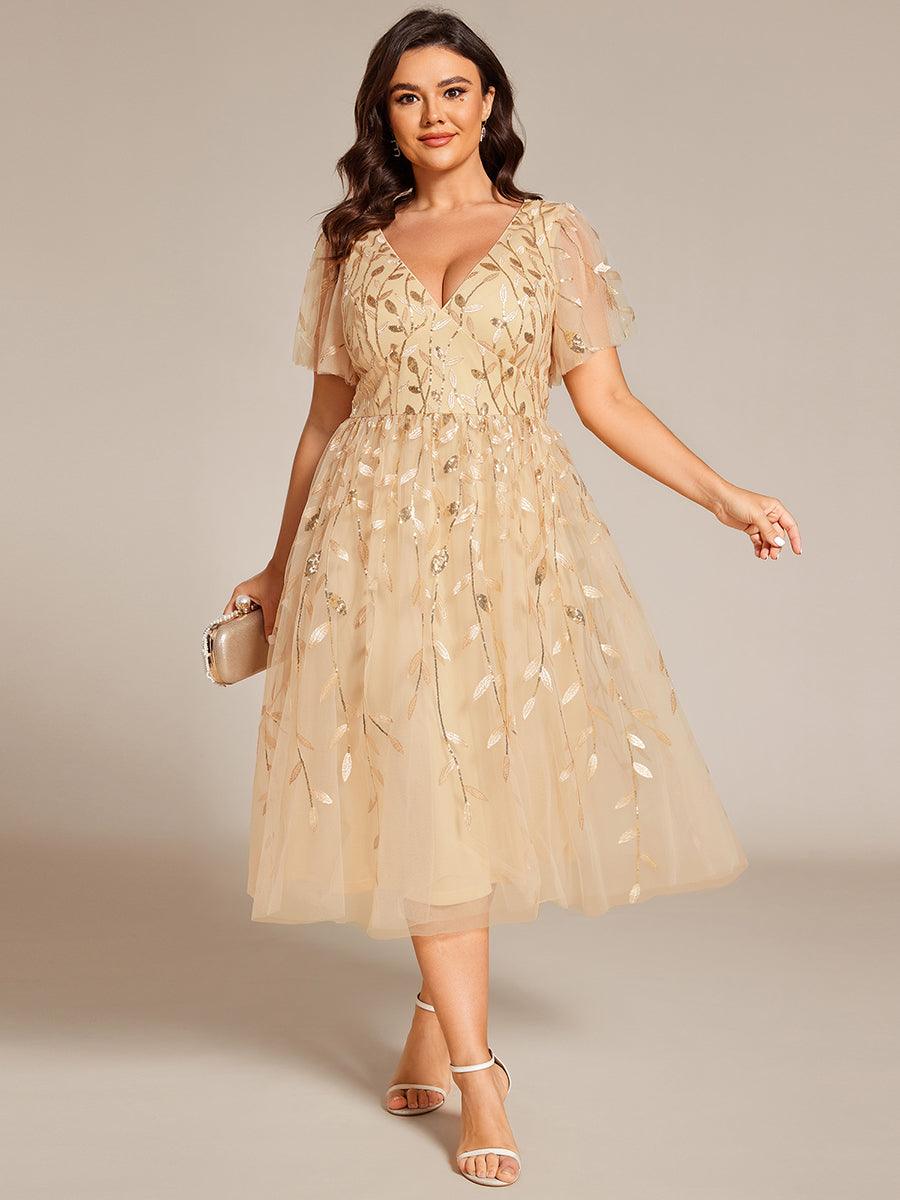 Robe d'invité de mariage formelle en tulle mi-longue scintillante de grande taille avec paillettes de feuilles #Couleur_Dorée
