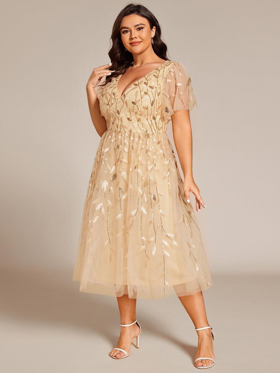Robe d'invité de mariage formelle en tulle mi-longue scintillante de grande taille avec paillettes de feuilles #Couleur_Dorée