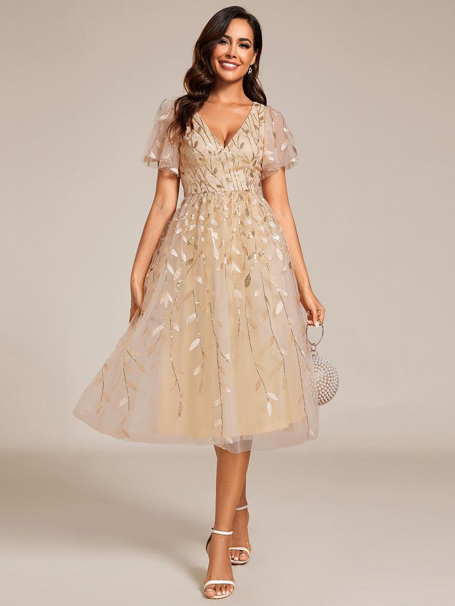 Robe d'invité de mariage formelle mi-longue à paillettes et feuilles à manches courtes #Couleur_Dorée
